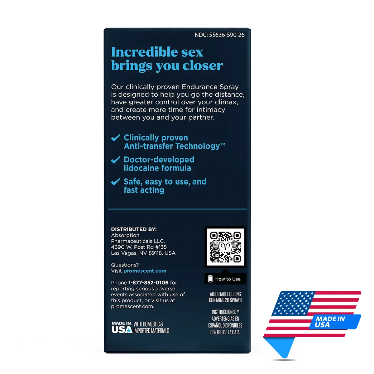 Promescent Premature Ejaculation Delay Spray | Box Reverse | Made in USA | Mens Health Downunder