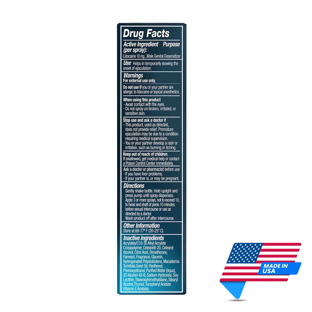 Promescent Premature Ejaculation Delay Spray | Box Side | Made in USA | Mens Health Downunder